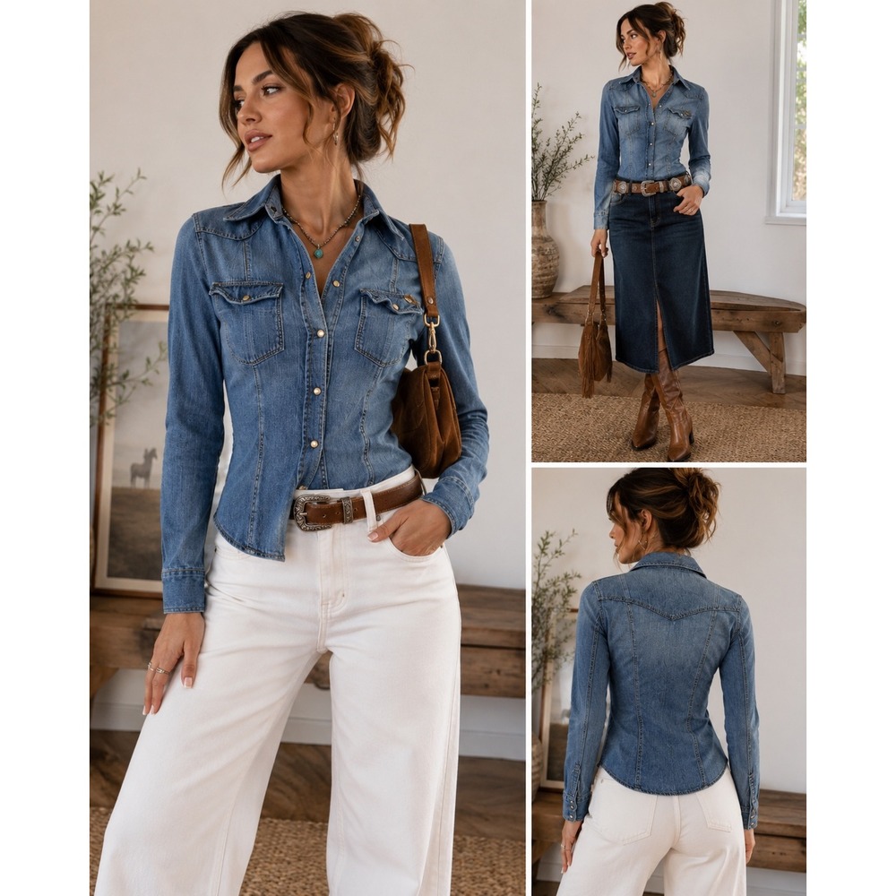Guess Denim Western Shirt Women's S Snap Button Fitted Chambray Jean Top